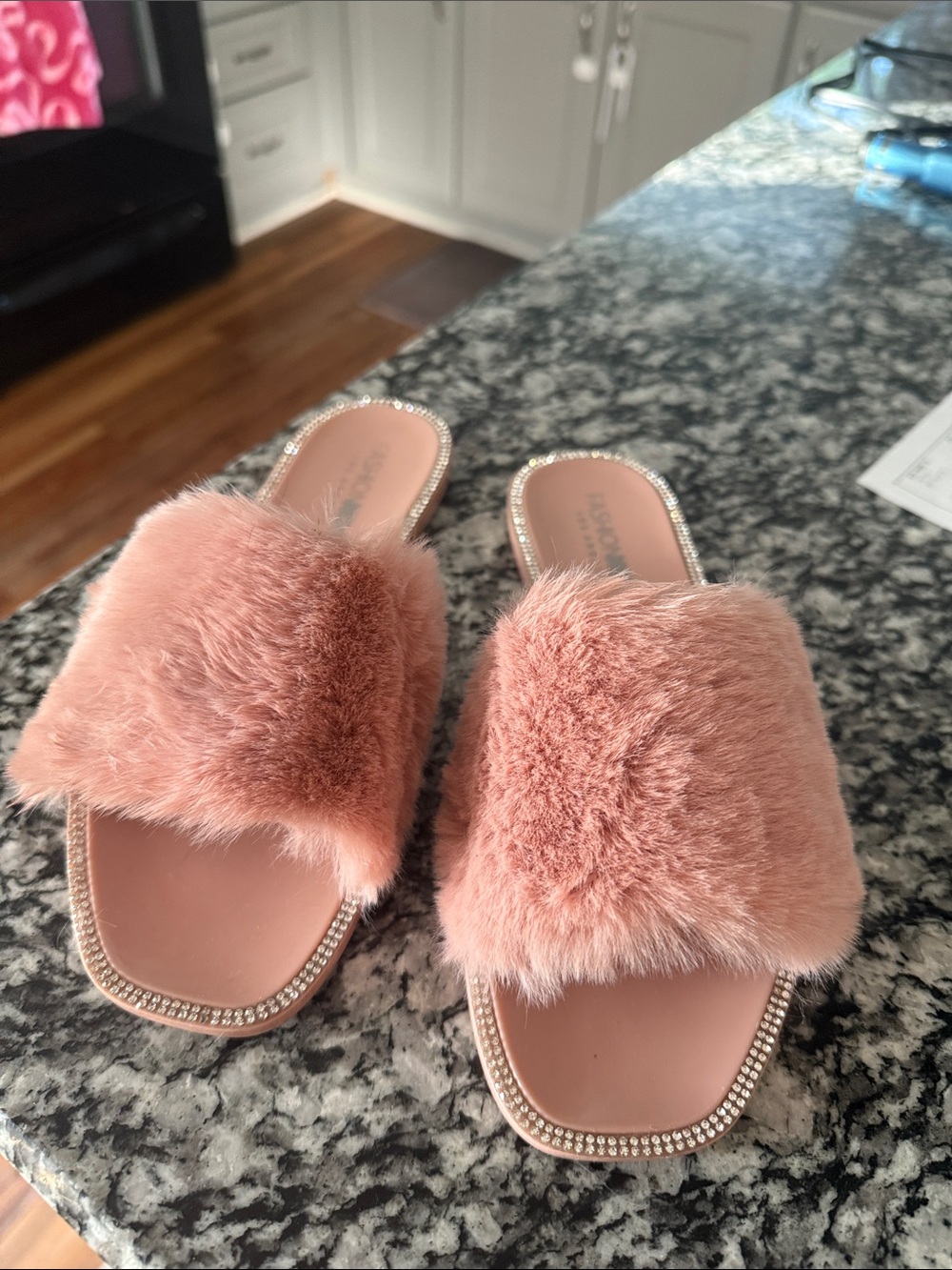 Fashion Nova Pink Faux Fur Slide Sandals with Rhinestone Trim